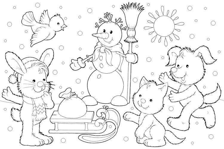 Kleurplaat van sneeuwpop en dieren in de winter