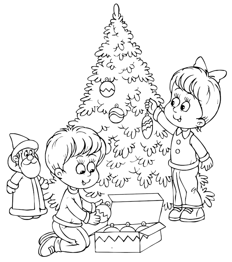 Kleurplaat van twee kinderen die de kerstboom versieren