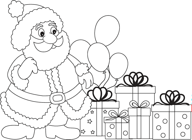 Kleurplaat van de Kerstman met cadeaus en ballonnen