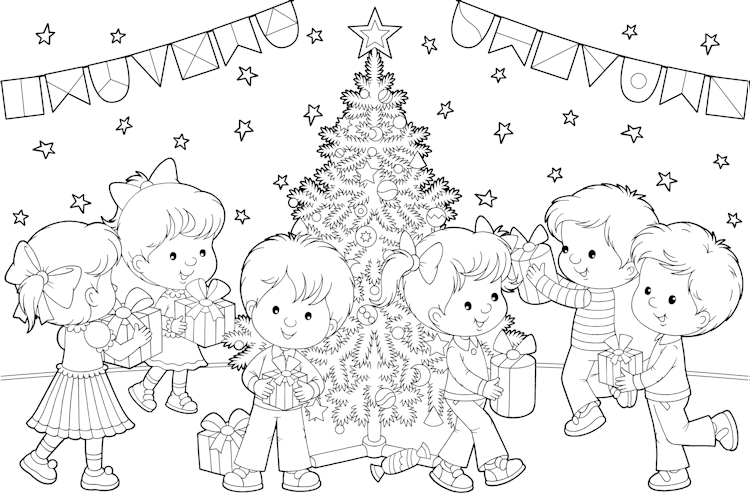 Kleurplaat van kinderen bij de Kerstboom