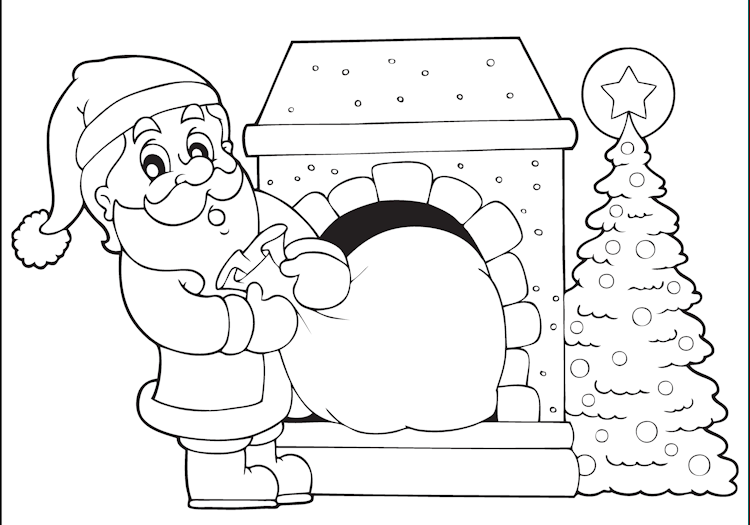 Kleurplaat van de Kerstman met zijn zak met speelgoed bij de schoorsteen