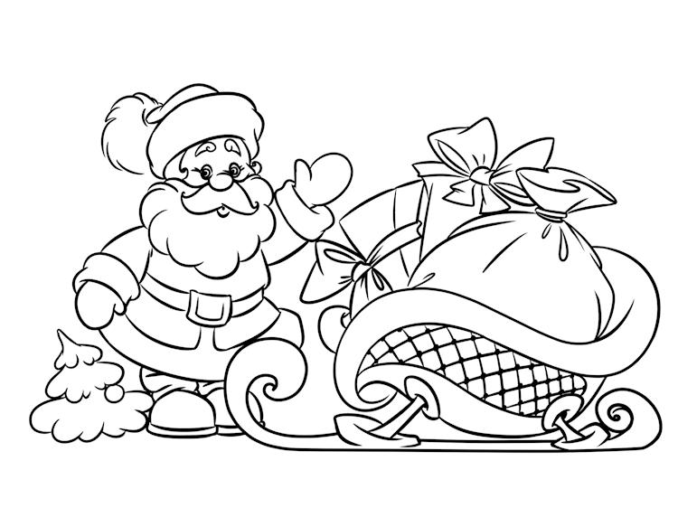 Kleurplaat van Santa Claus met een zak op de slee