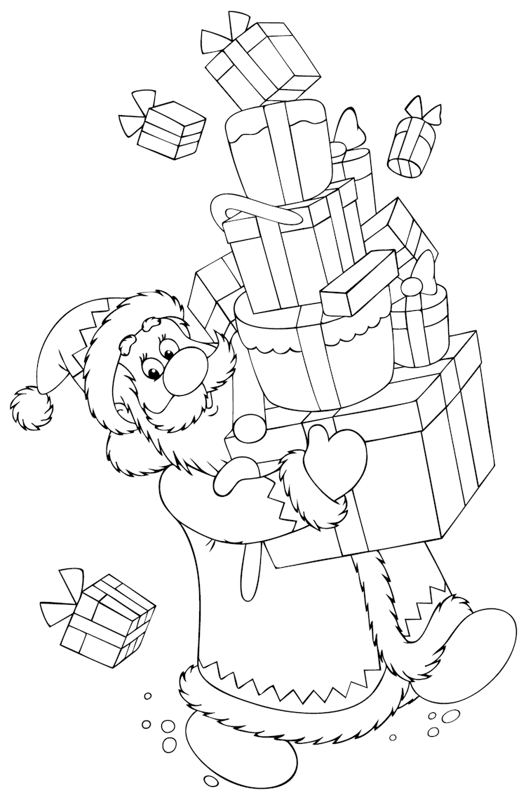 Kleurplaat van Santa Claus met een grote stapel cadeaus