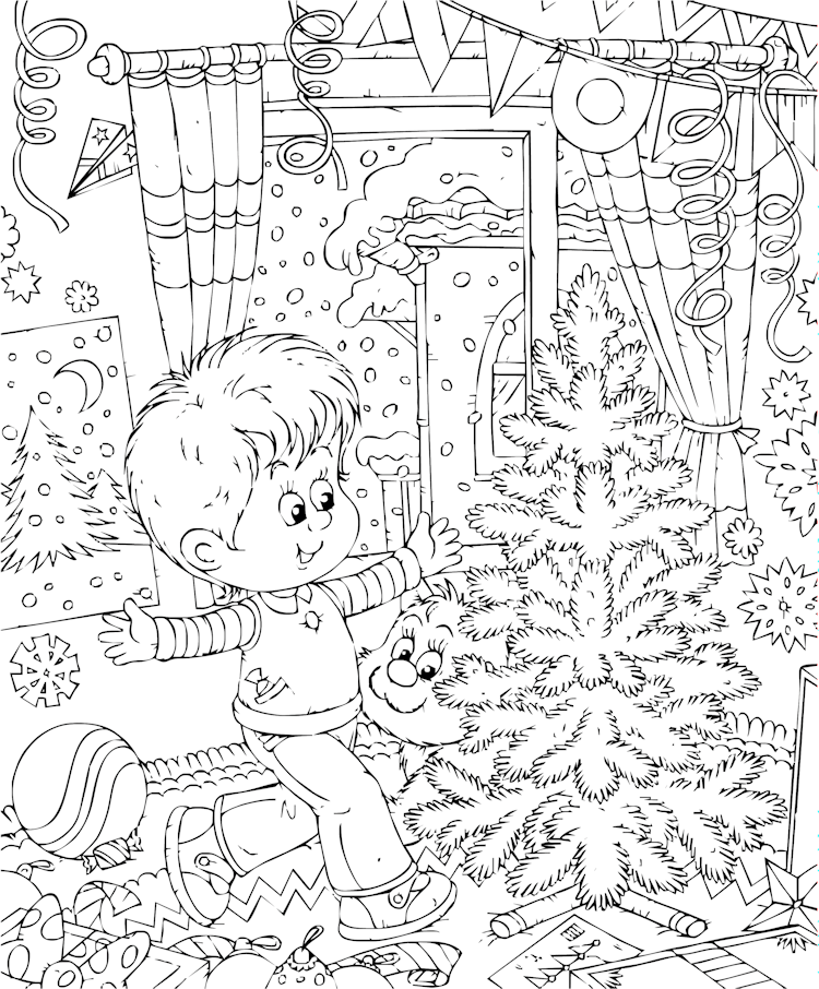 Kleurplaat van een kind bij de kerstboom